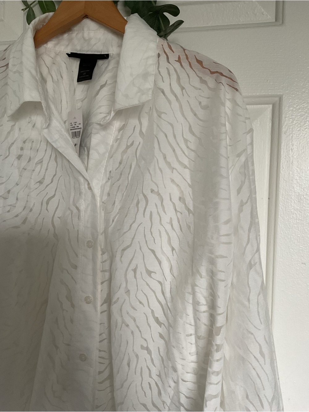Ashley Stewart White Sheer Zebra-Print Tie Front Button Down Shirt - Picture 7 of 8